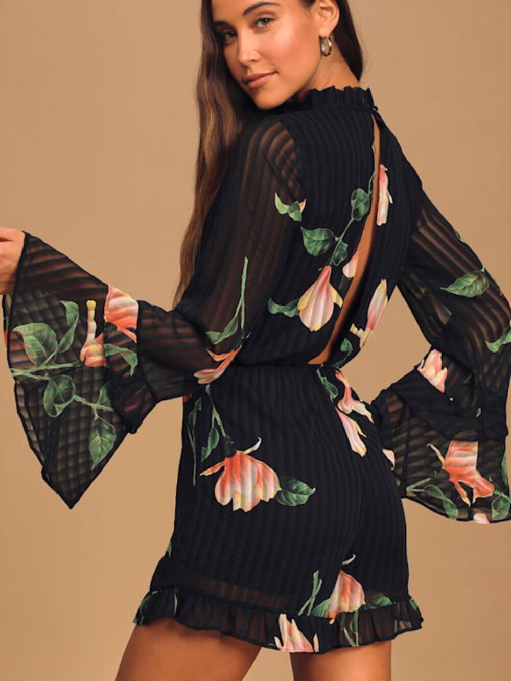 Lulus Talking Sweet Black Floral Print Long Sleeve Cutout Romper - Size M